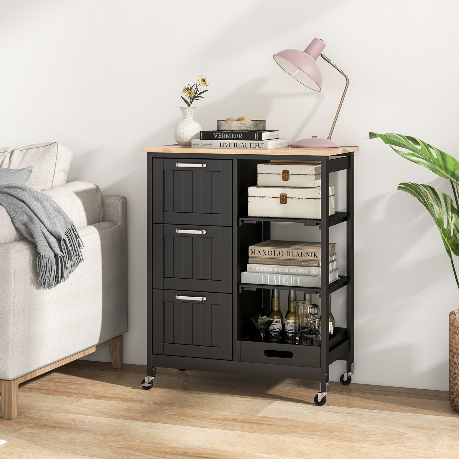 Rolling Kitchen Island Utility Storage Cart with 3 Large Drawers-BlackÂ