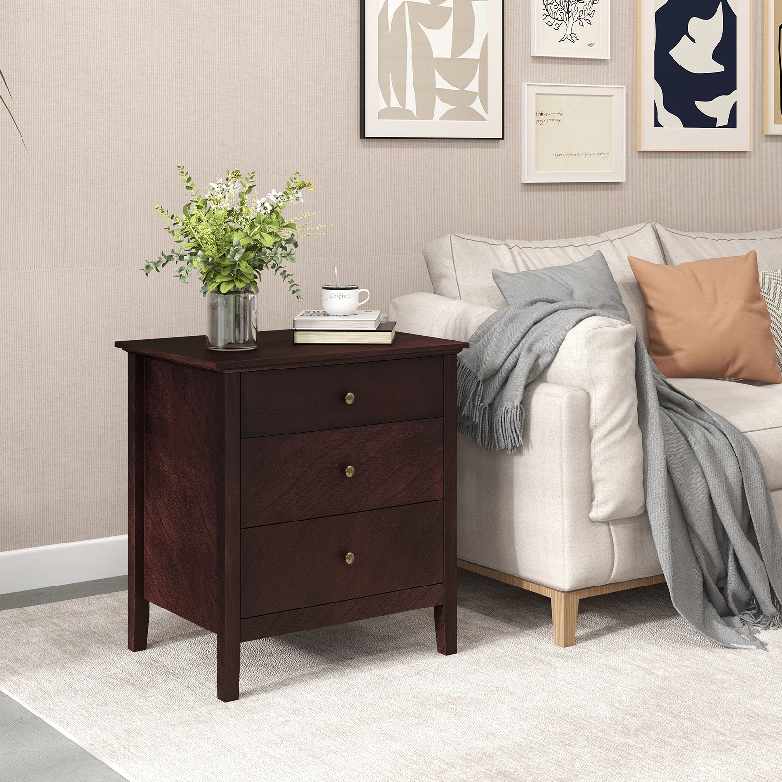Nightstand Beside End Side Table Organizer with 3 Drawers-BrownÂ