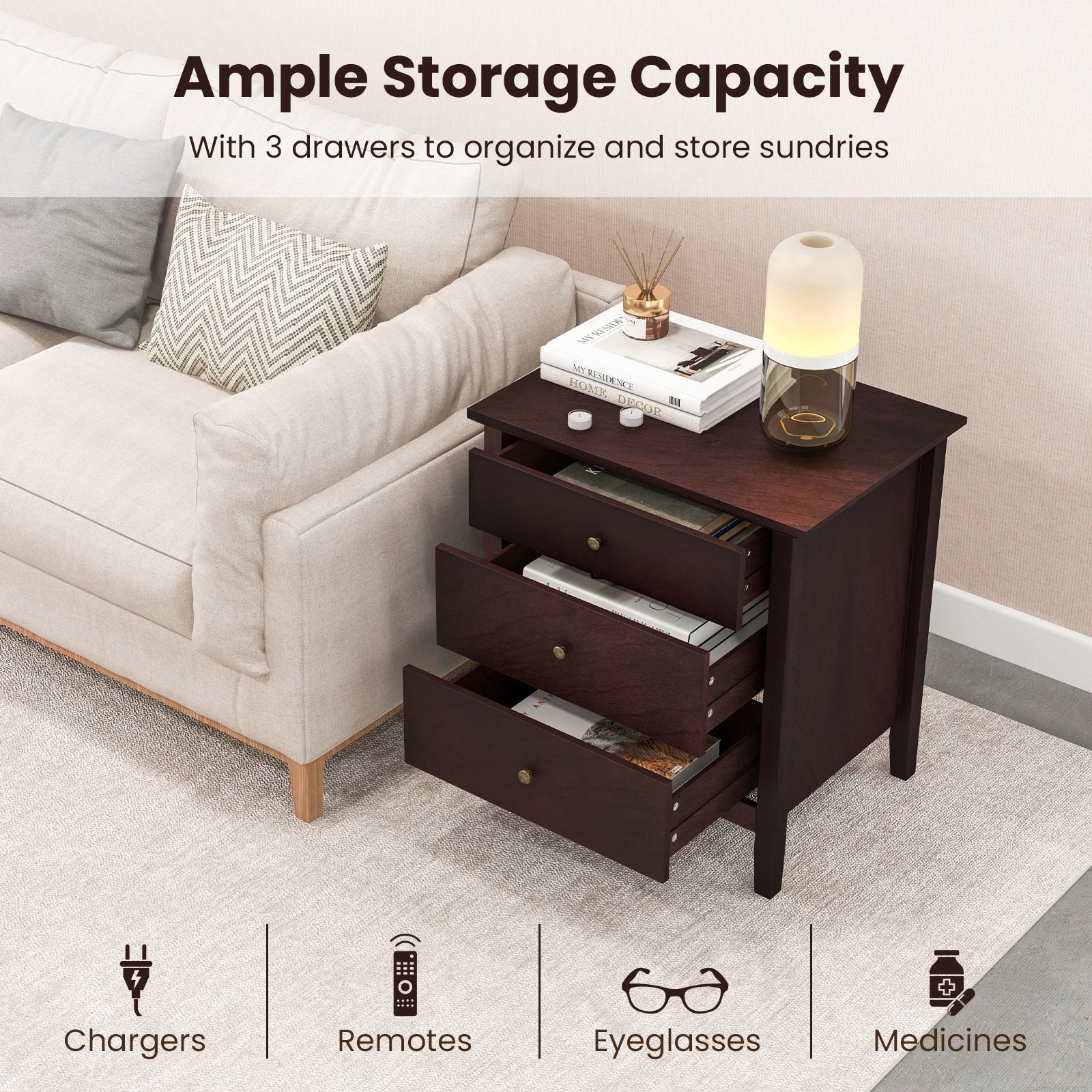 Nightstand Beside End Side Table Organizer with 3 Drawers-BrownÂ