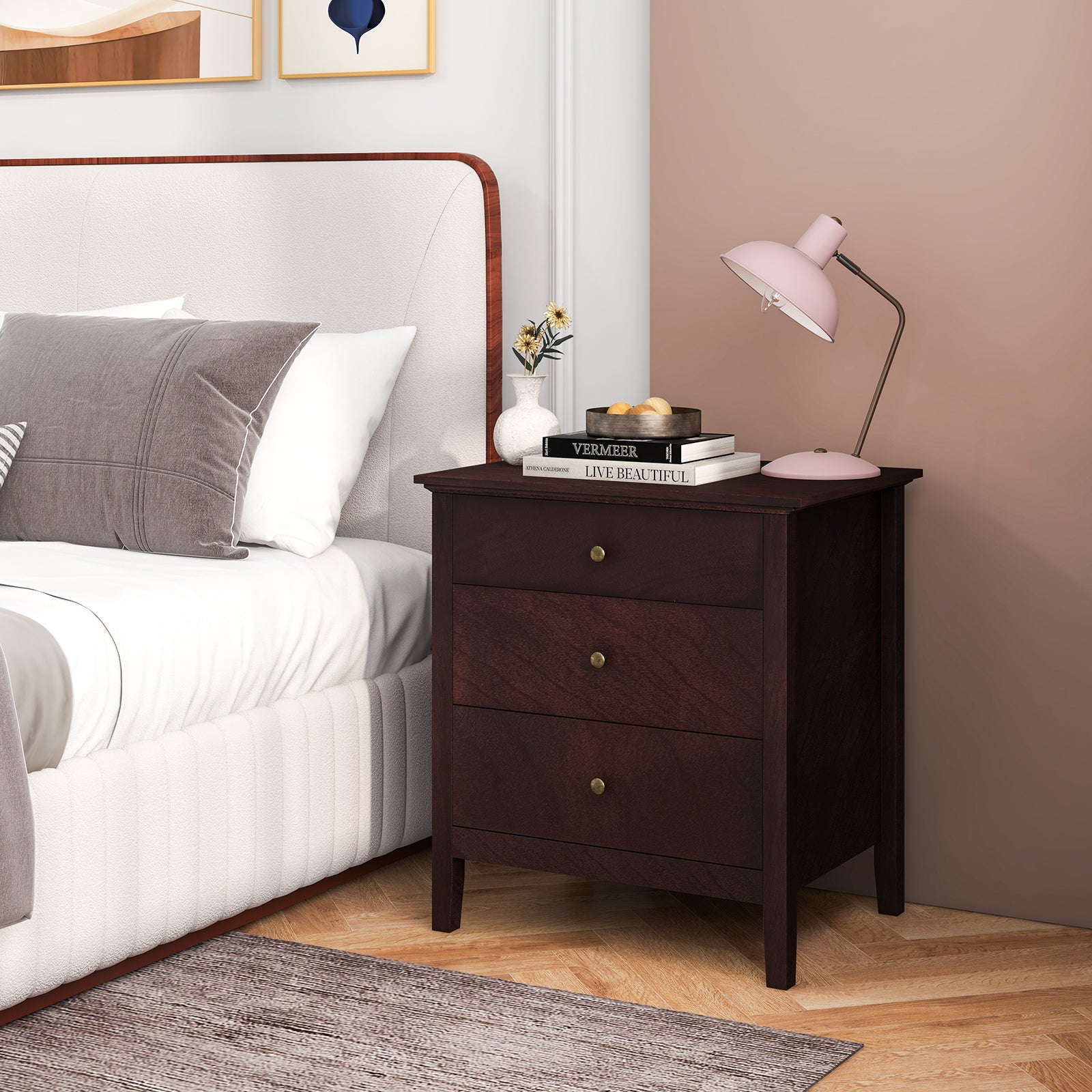 Nightstand Beside End Side Table Organizer with 3 Drawers-BrownÂ