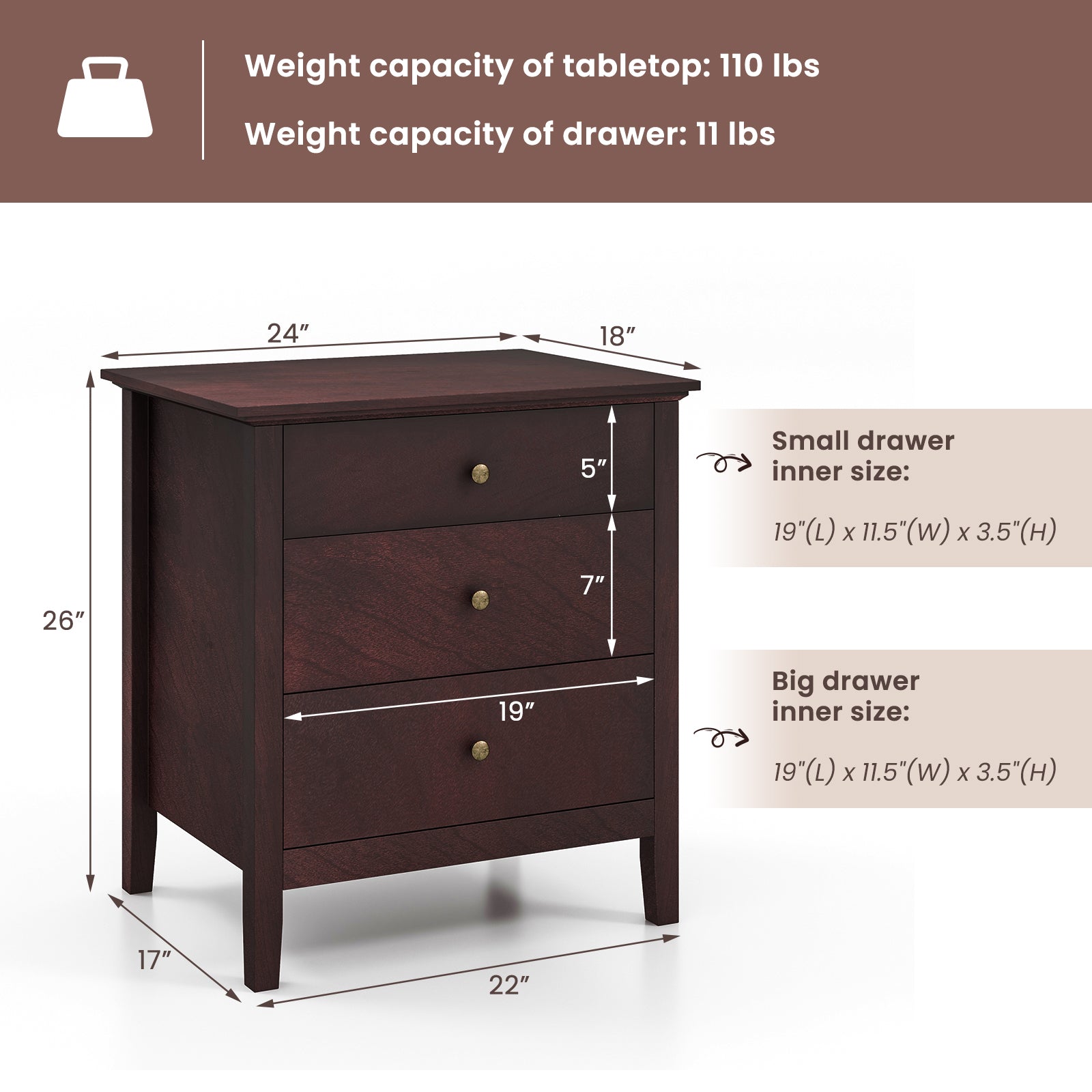 Nightstand Beside End Side Table Organizer with 3 Drawers-BrownÂ