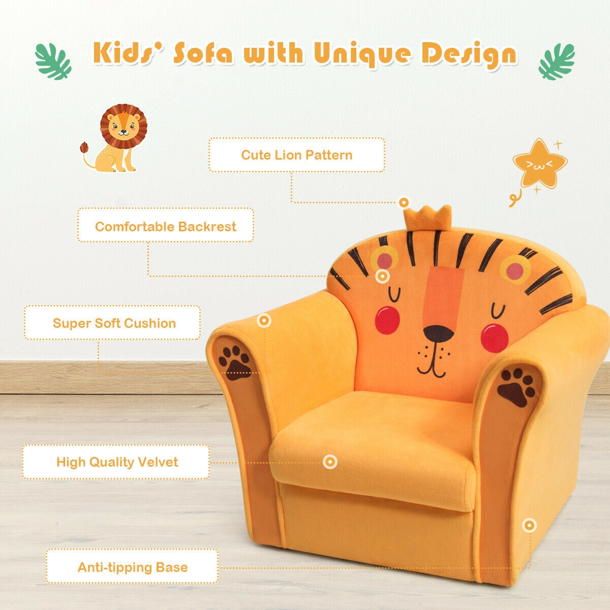 Kids Armrest Lion Upholstered SofaÂ