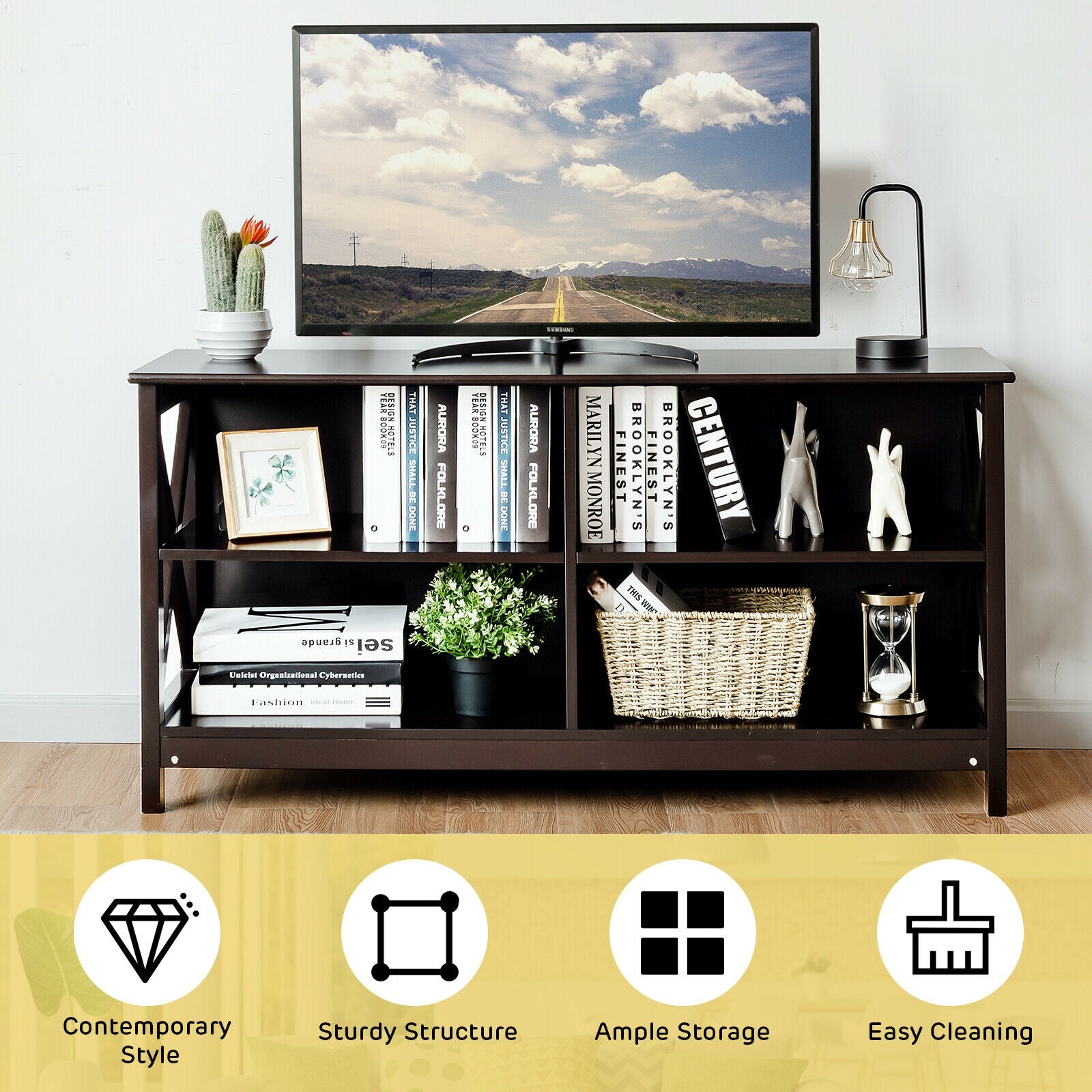 Wooden TV Stand Entertainment Media Center-BrownÂ