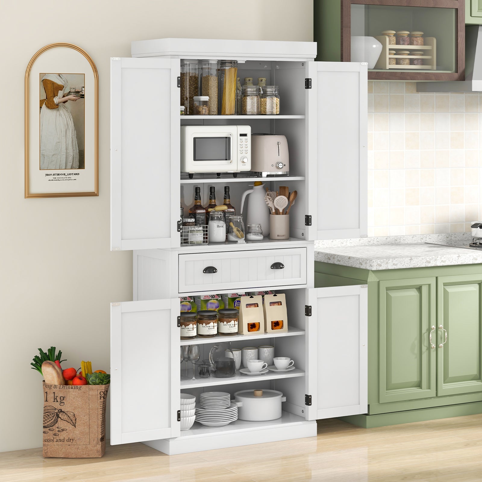 Kitchen Pantry Storage Cabinet with Doors Drawer and Adjustable Shelves-WhiteÂ