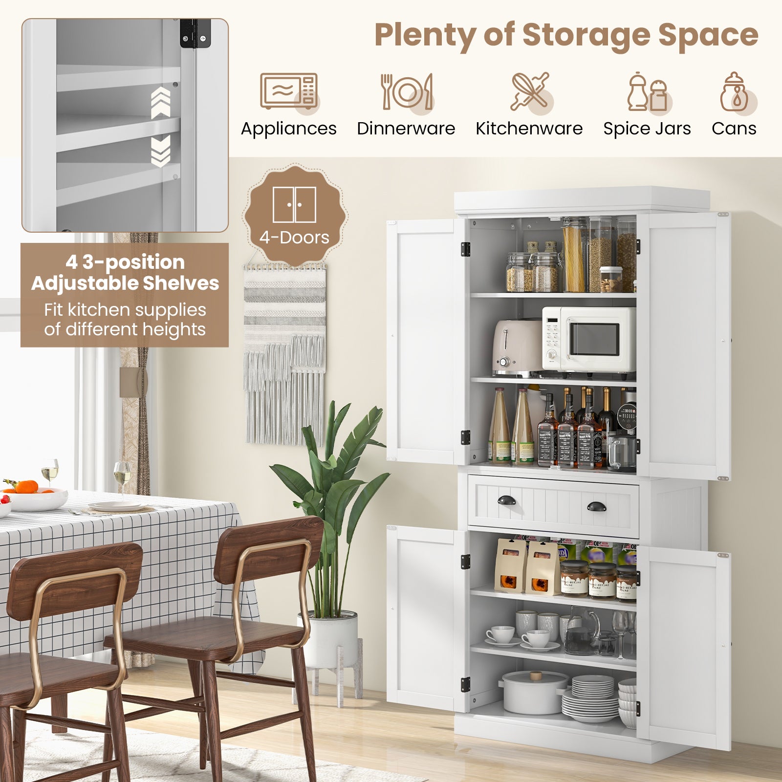 Kitchen Pantry Storage Cabinet with Doors Drawer and Adjustable Shelves-WhiteÂ