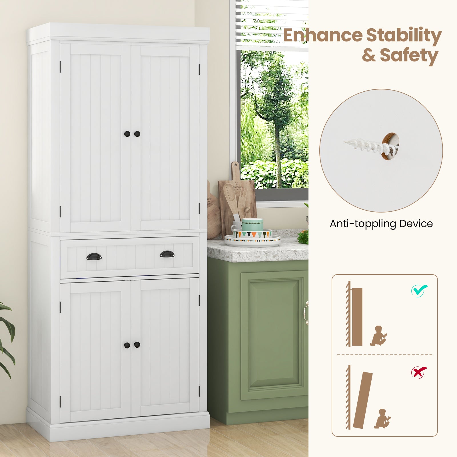 Kitchen Pantry Storage Cabinet with Doors Drawer and Adjustable Shelves-WhiteÂ