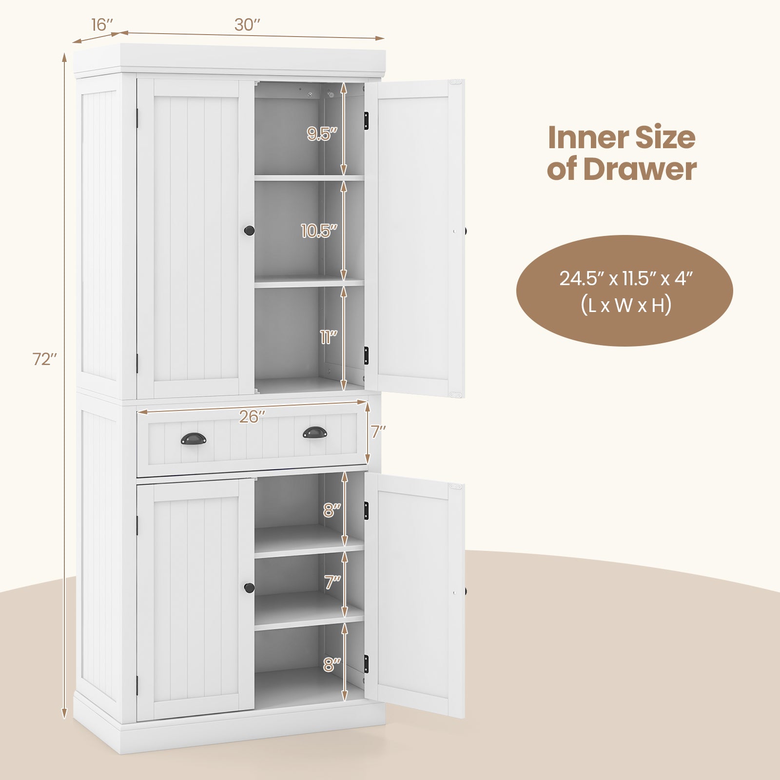 Kitchen Pantry Storage Cabinet with Doors Drawer and Adjustable Shelves-WhiteÂ