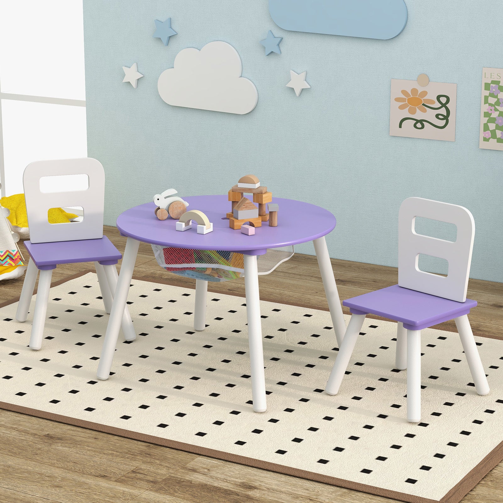 Wood Activity Kids Table and Chair Set with Center Mesh Storage-PurpleÂ