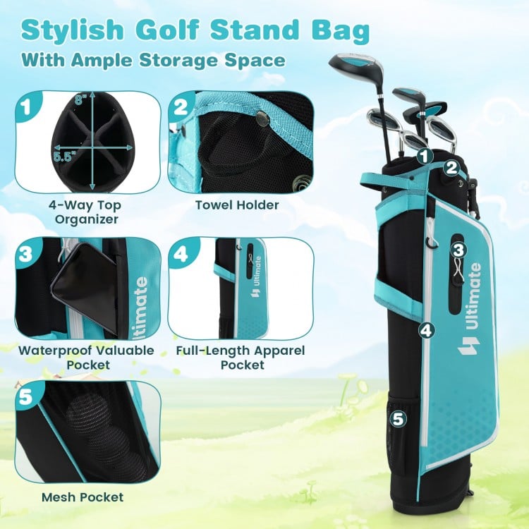 Junior Complete Golf Club Set with Stand Bag Rain Hood-Blue