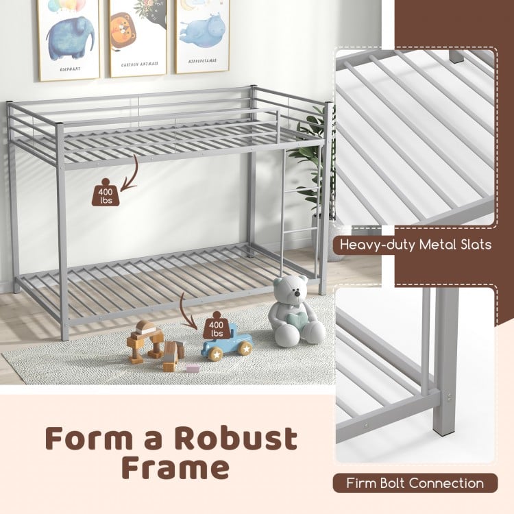 Low Profile Twin Over Twin Metal Bunk Bed with Full-length Guardrails-Silver