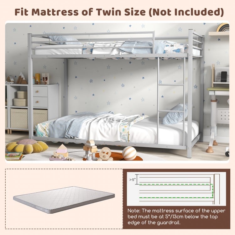 Low Profile Twin Over Twin Metal Bunk Bed with Full-length Guardrails-Silver