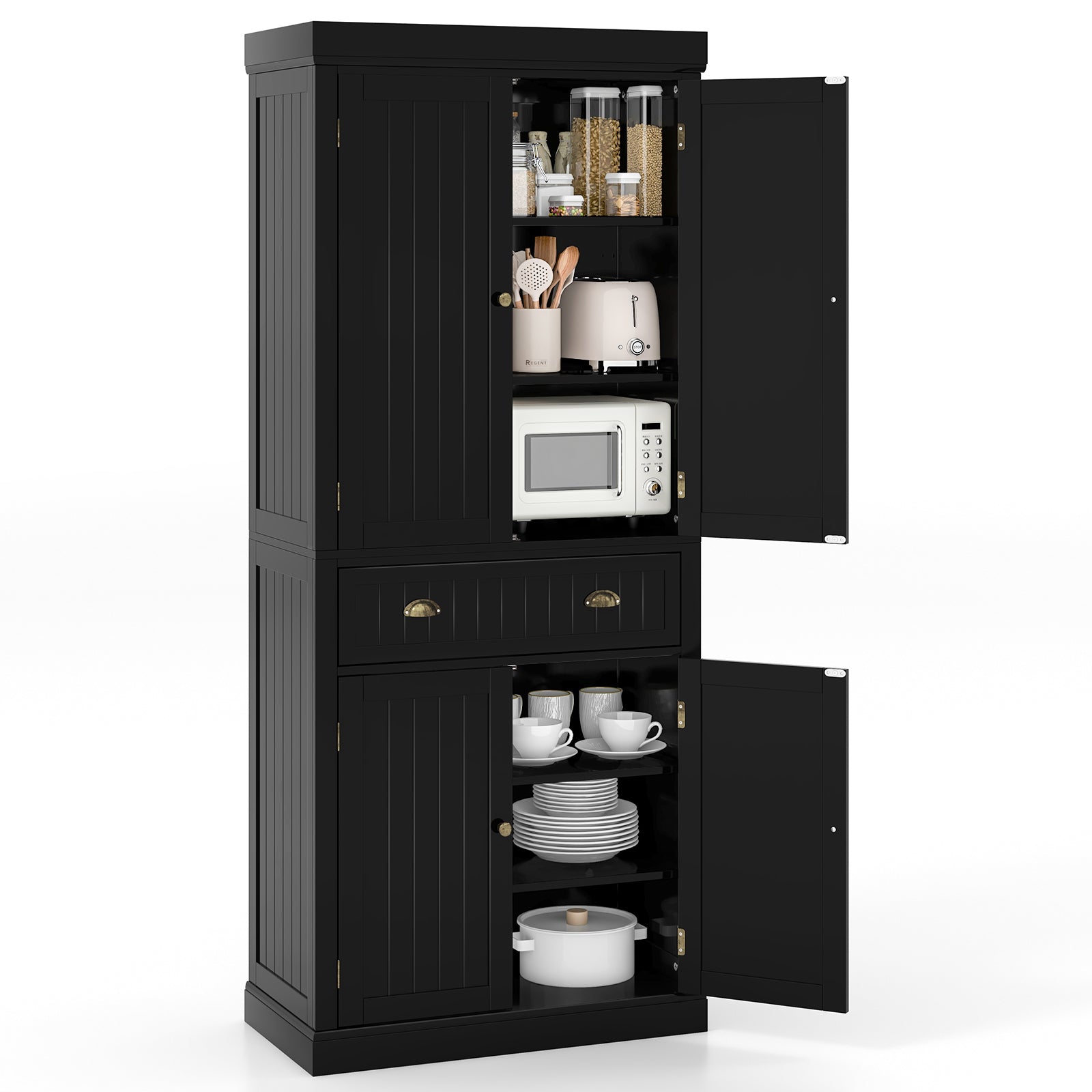 Cupboard Freestanding Kitchen Cabinet w/ Adjustable Shelves-BlackÂ