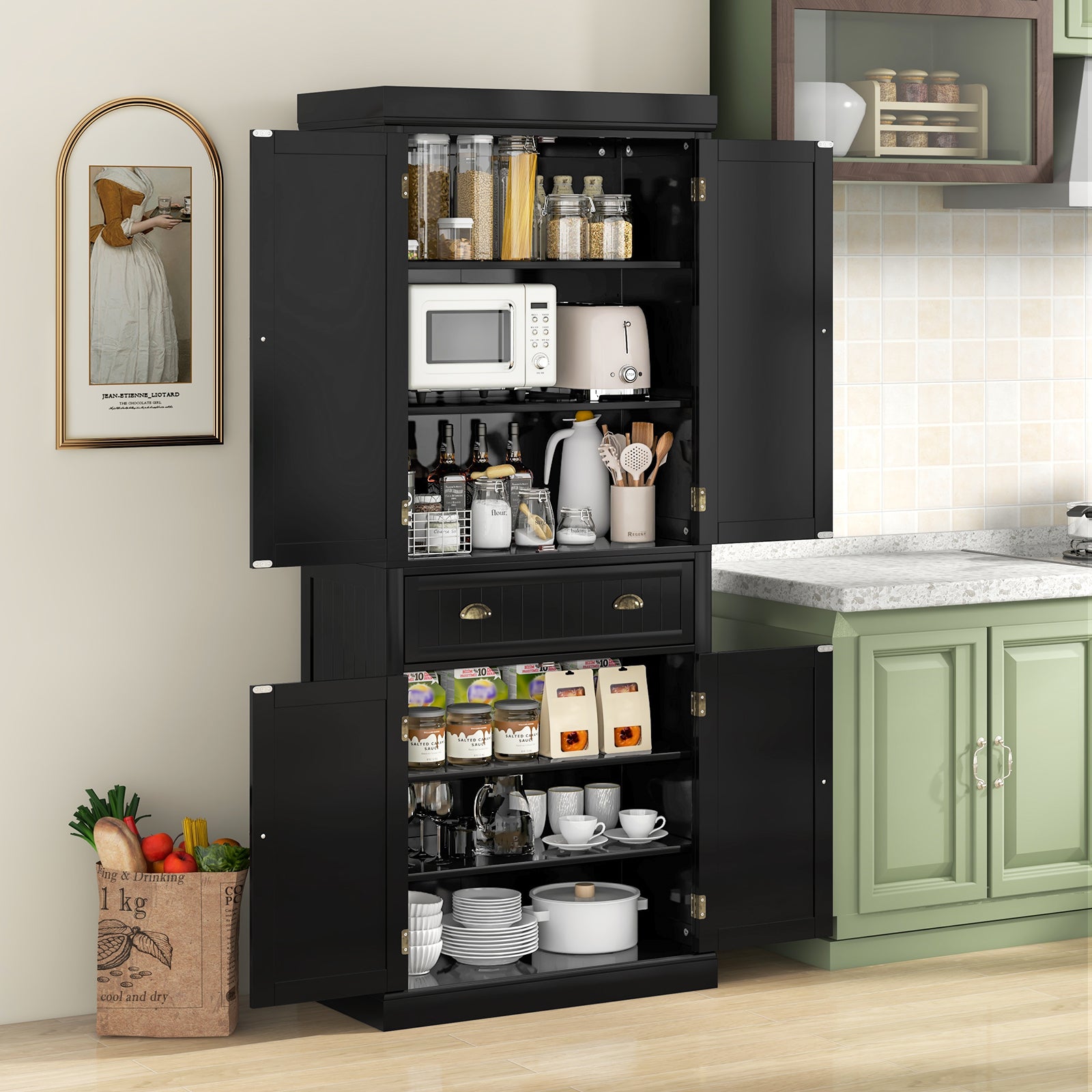 Cupboard Freestanding Kitchen Cabinet w/ Adjustable Shelves-BlackÂ