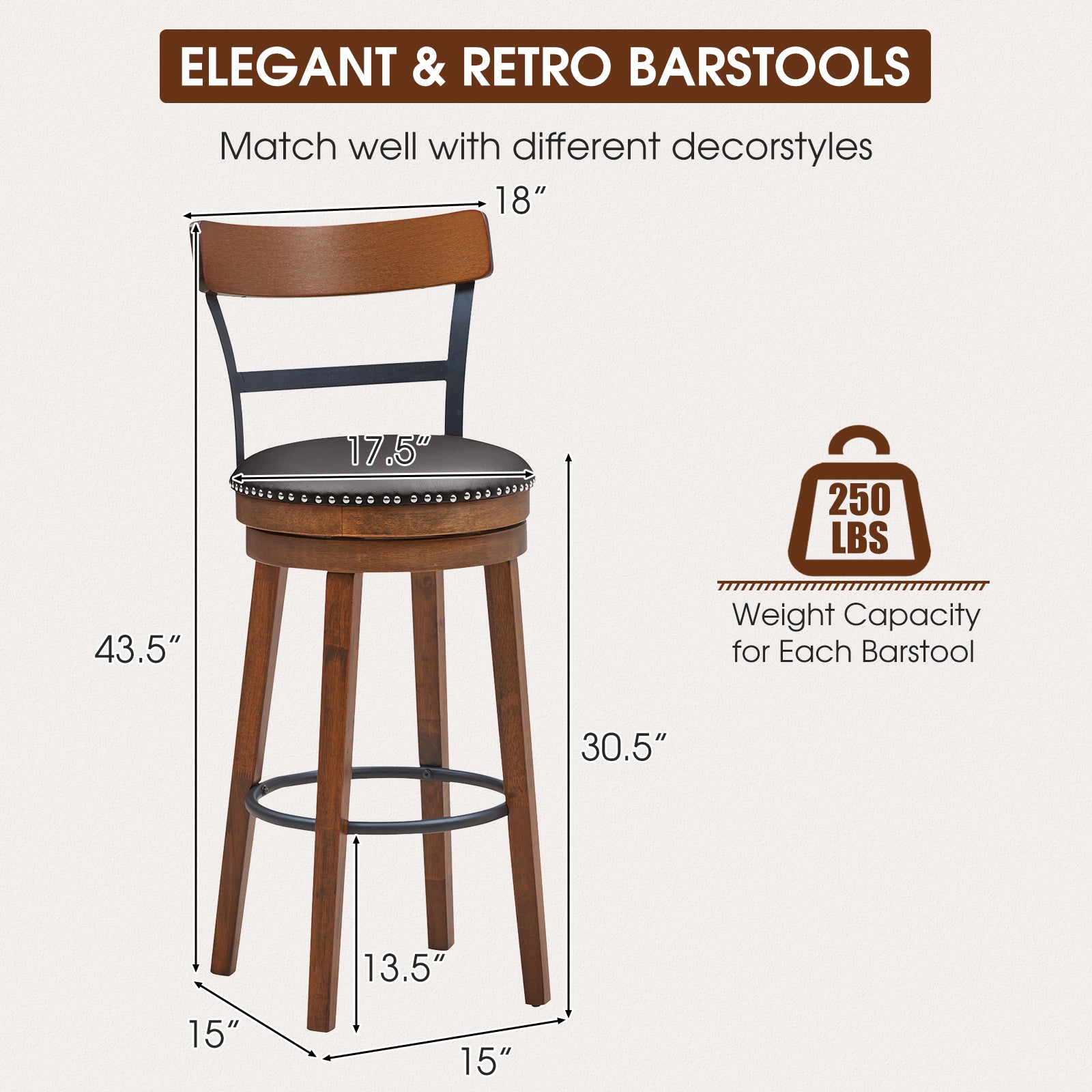 Set of 2 30.5 Inch Swivel Pub Height Bar Stool