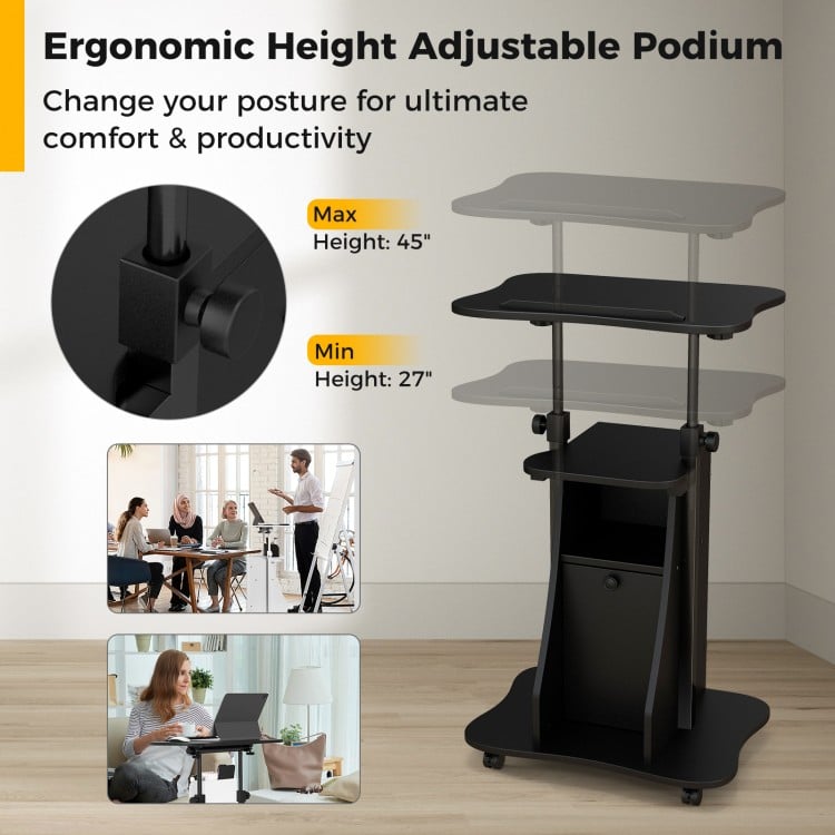 Adjustable Mobile Standing Desk Cart with Tilt Desktop and Cabinet-Black