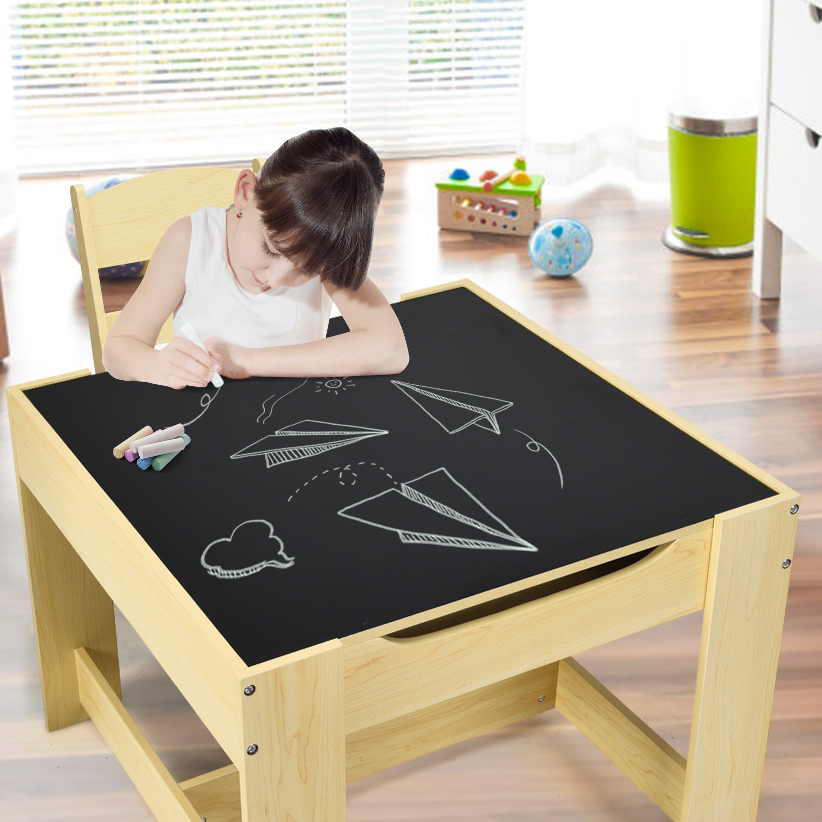 Kids Table Chairs Set With Storage Boxes Blackboard Whiteboard Drawing-NaturalÂ