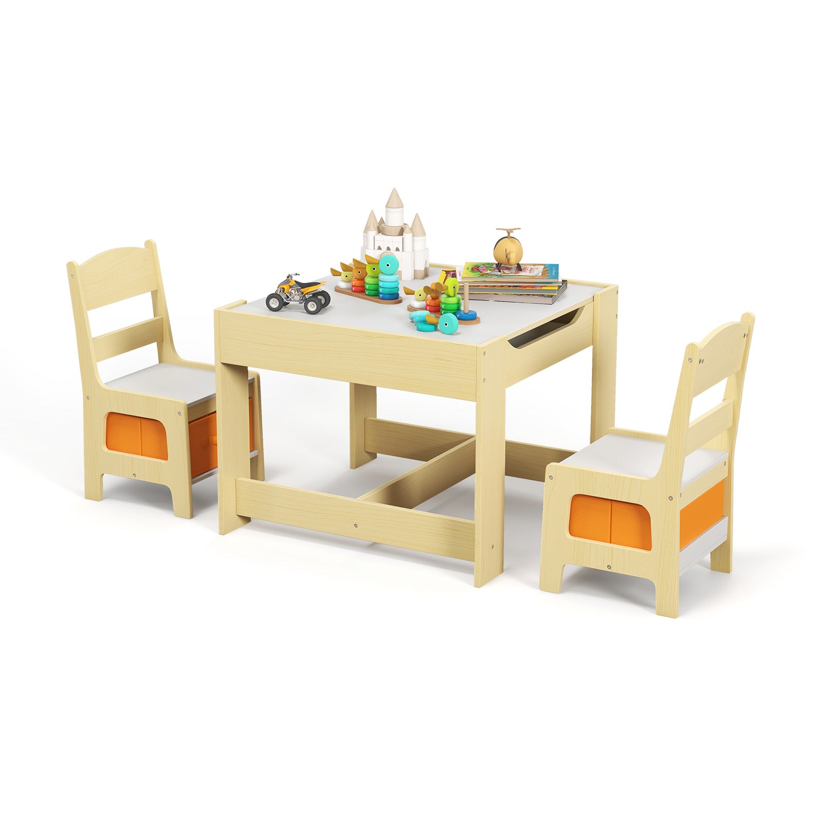 Kids Table Chairs Set With Storage Boxes Blackboard Whiteboard Drawing-NaturalÂ