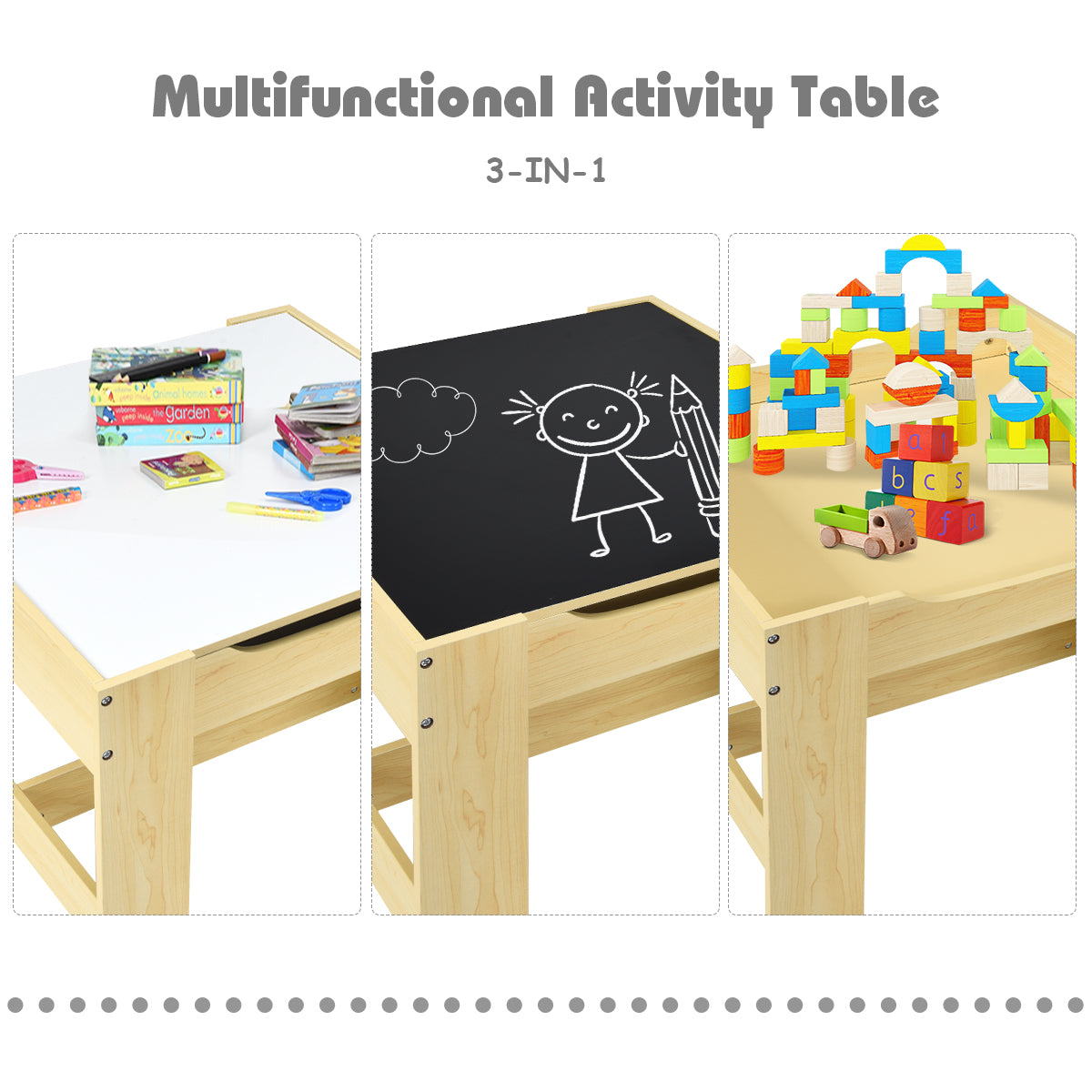 Kids Table Chairs Set With Storage Boxes Blackboard Whiteboard Drawing-NaturalÂ