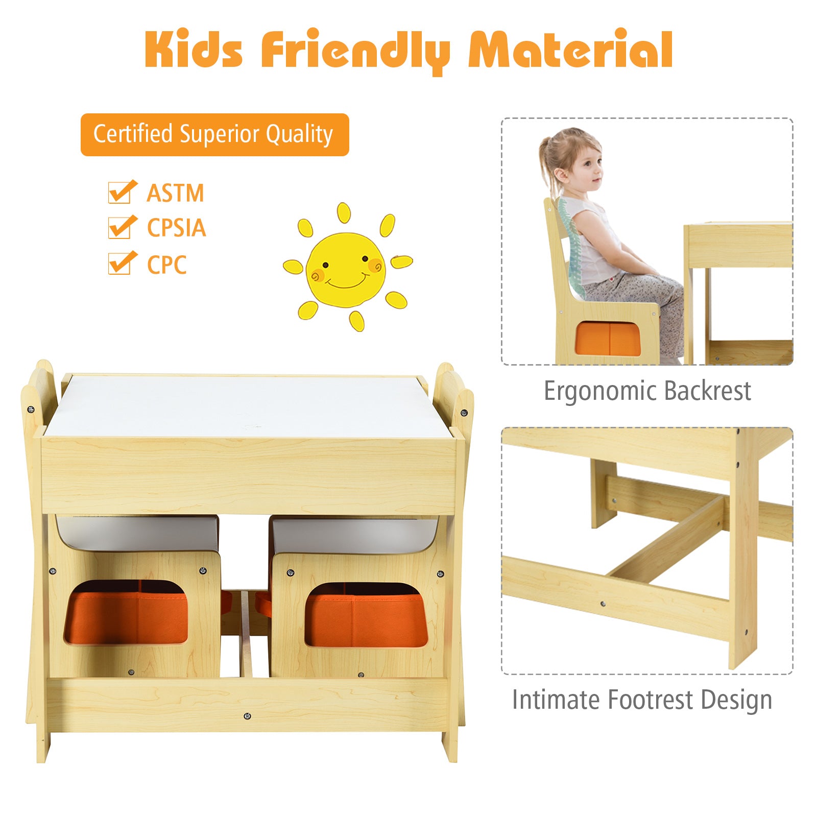 Kids Table Chairs Set With Storage Boxes Blackboard Whiteboard Drawing-NaturalÂ