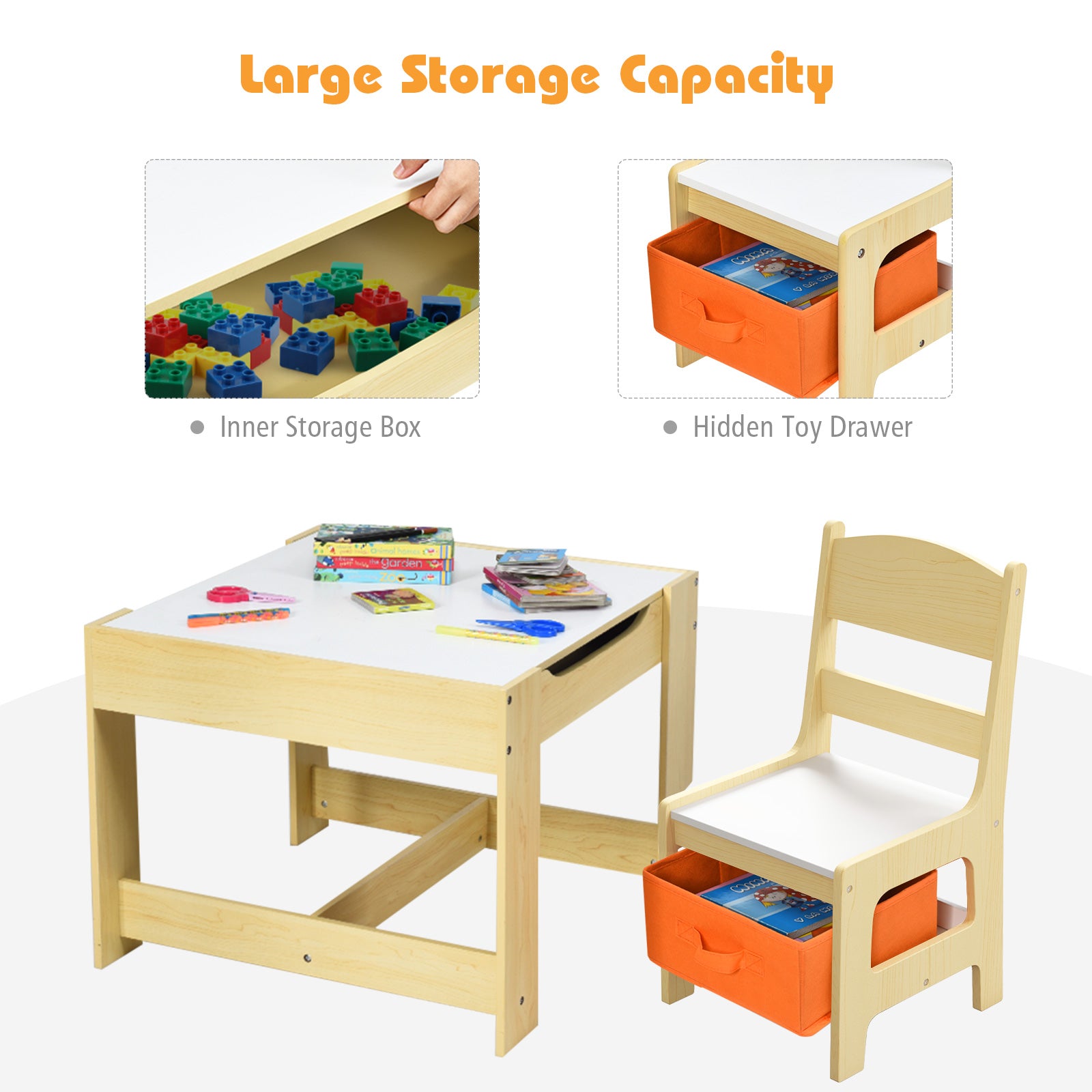 Kids Table Chairs Set With Storage Boxes Blackboard Whiteboard Drawing-NaturalÂ