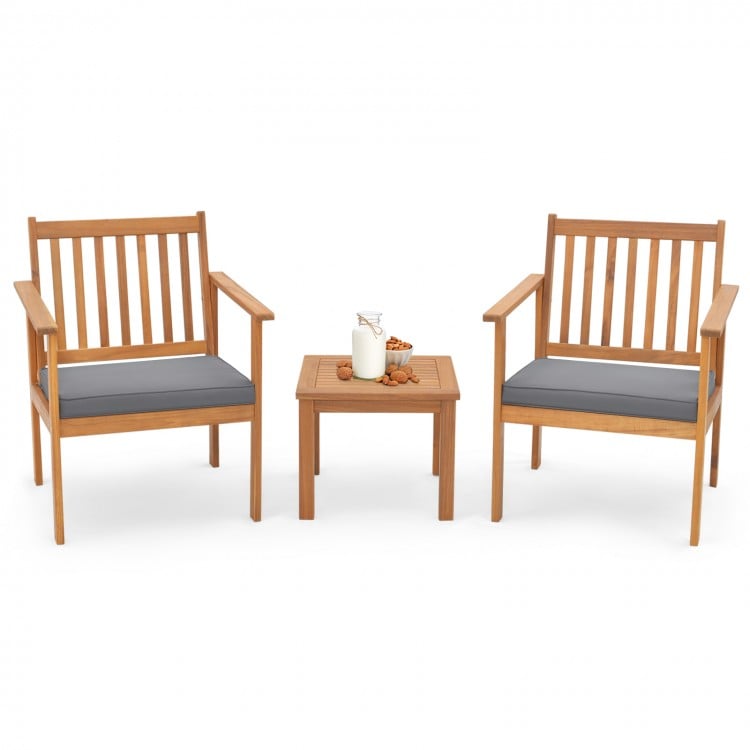 3 Pieces Patio Wood Furniture Set with soft Cushions for Porch-Gray
