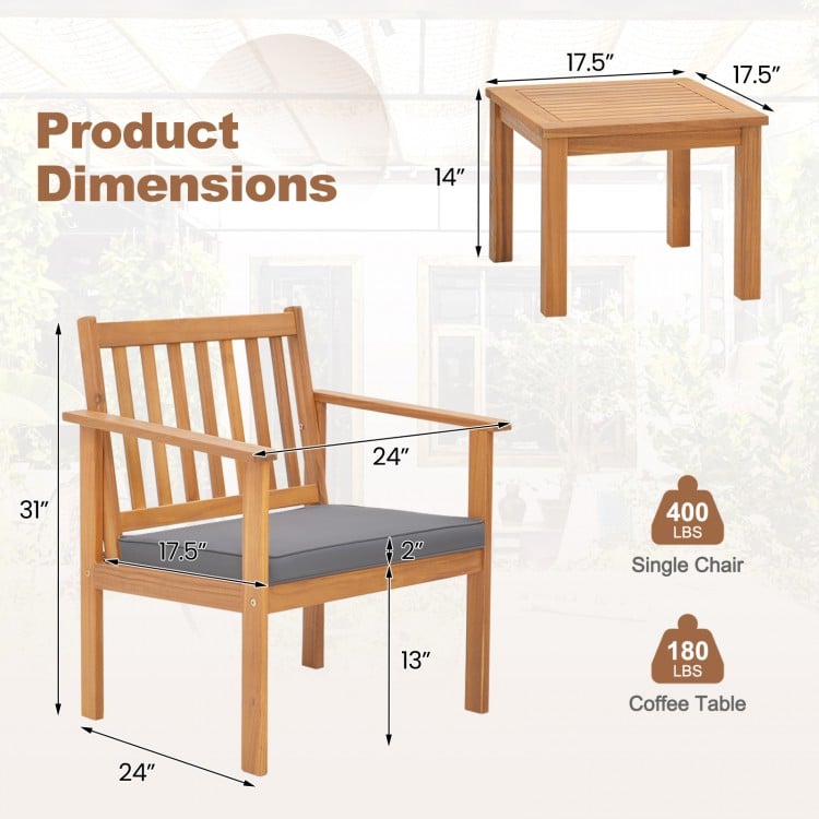 3 Pieces Patio Wood Furniture Set with soft Cushions for Porch-Gray