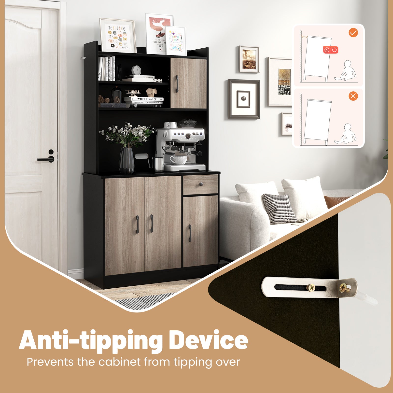 4-Door Freestanding Kitchen Buffet with Hutch and Adjustable Shelves-Black