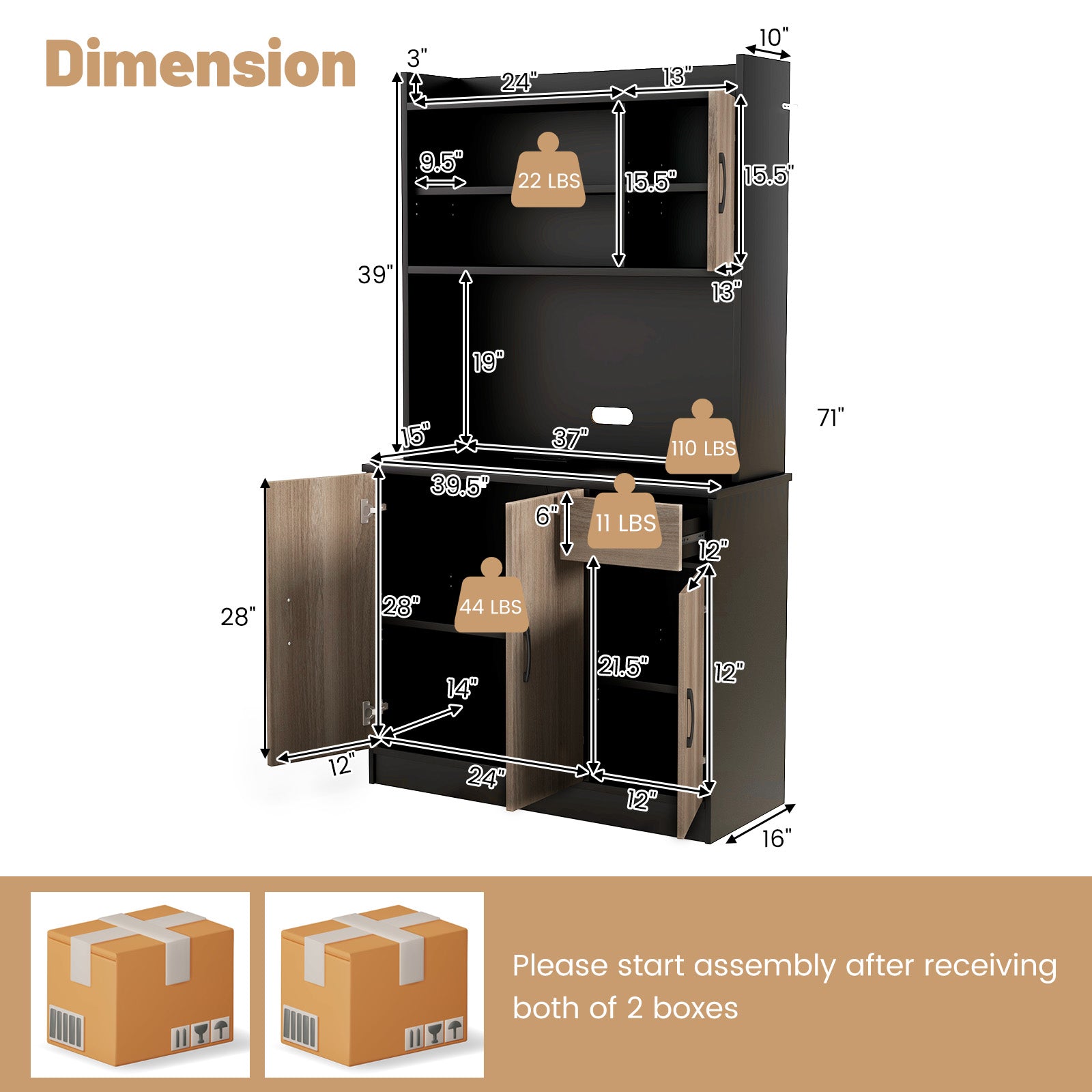 4-Door Freestanding Kitchen Buffet with Hutch and Adjustable Shelves-Black