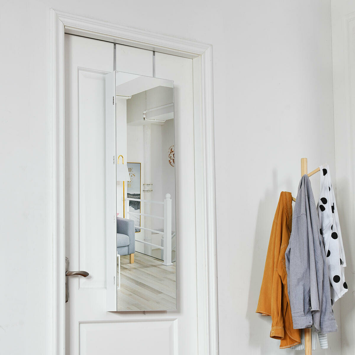 Wall and Door Mounted Mirrored Jewelry Cabinet With Lights-WhiteÂ