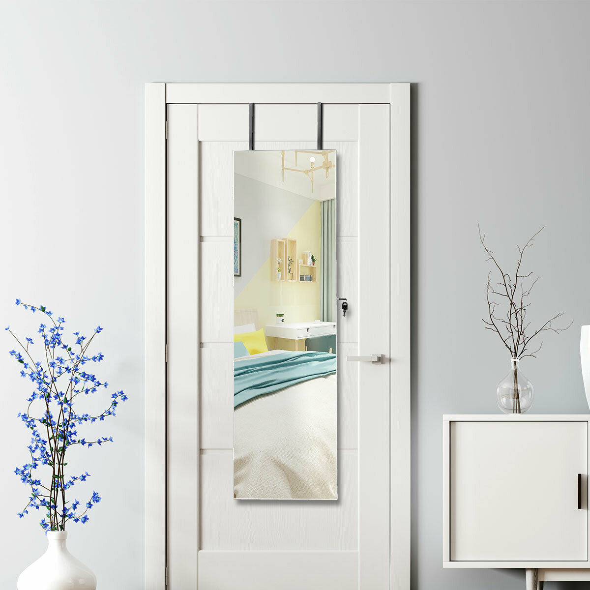 Wall and Door Mounted Mirrored Jewelry Cabinet With Lights-WhiteÂ