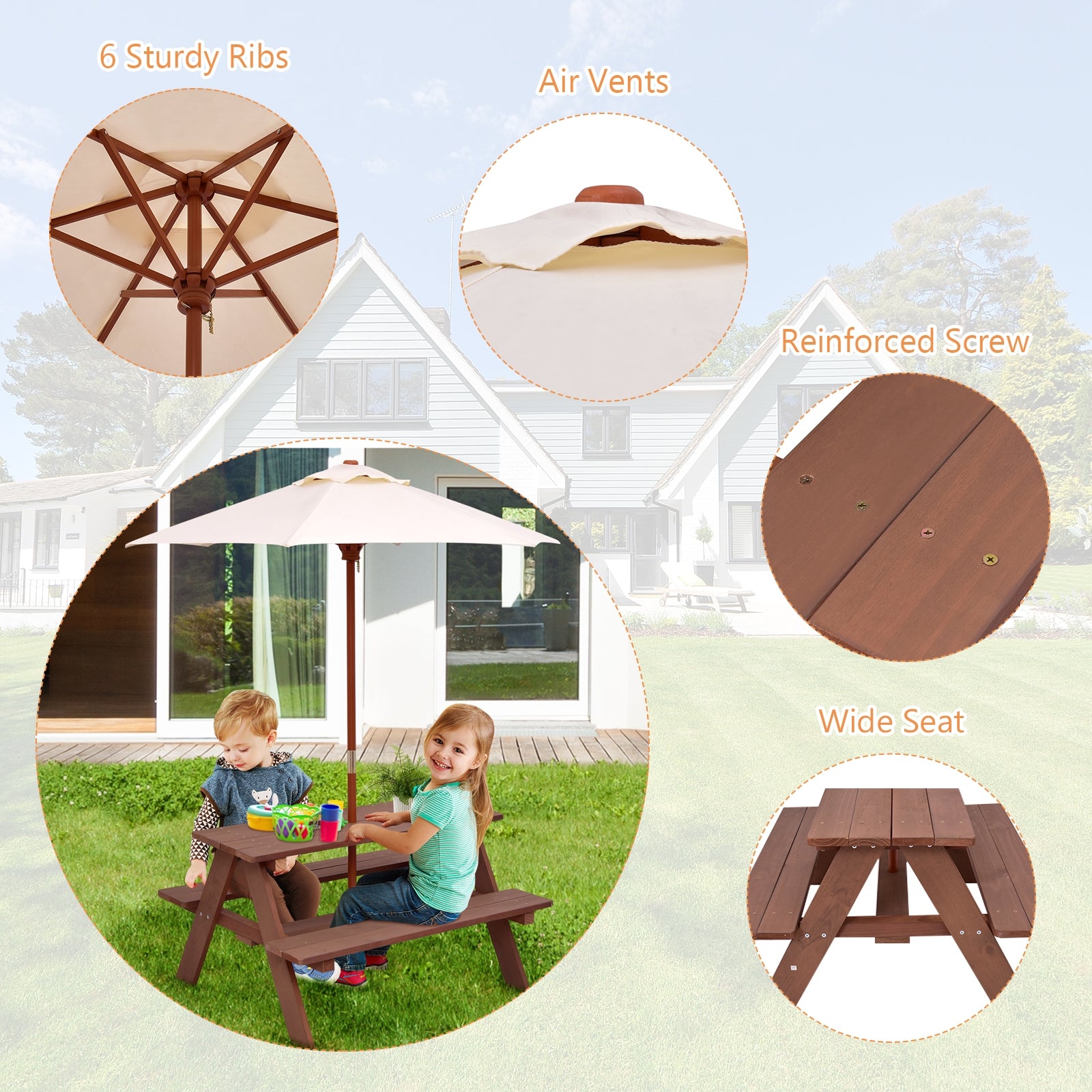 Outdoor 4-Seat Kid's Picnic Table Bench with UmbrellaÂ