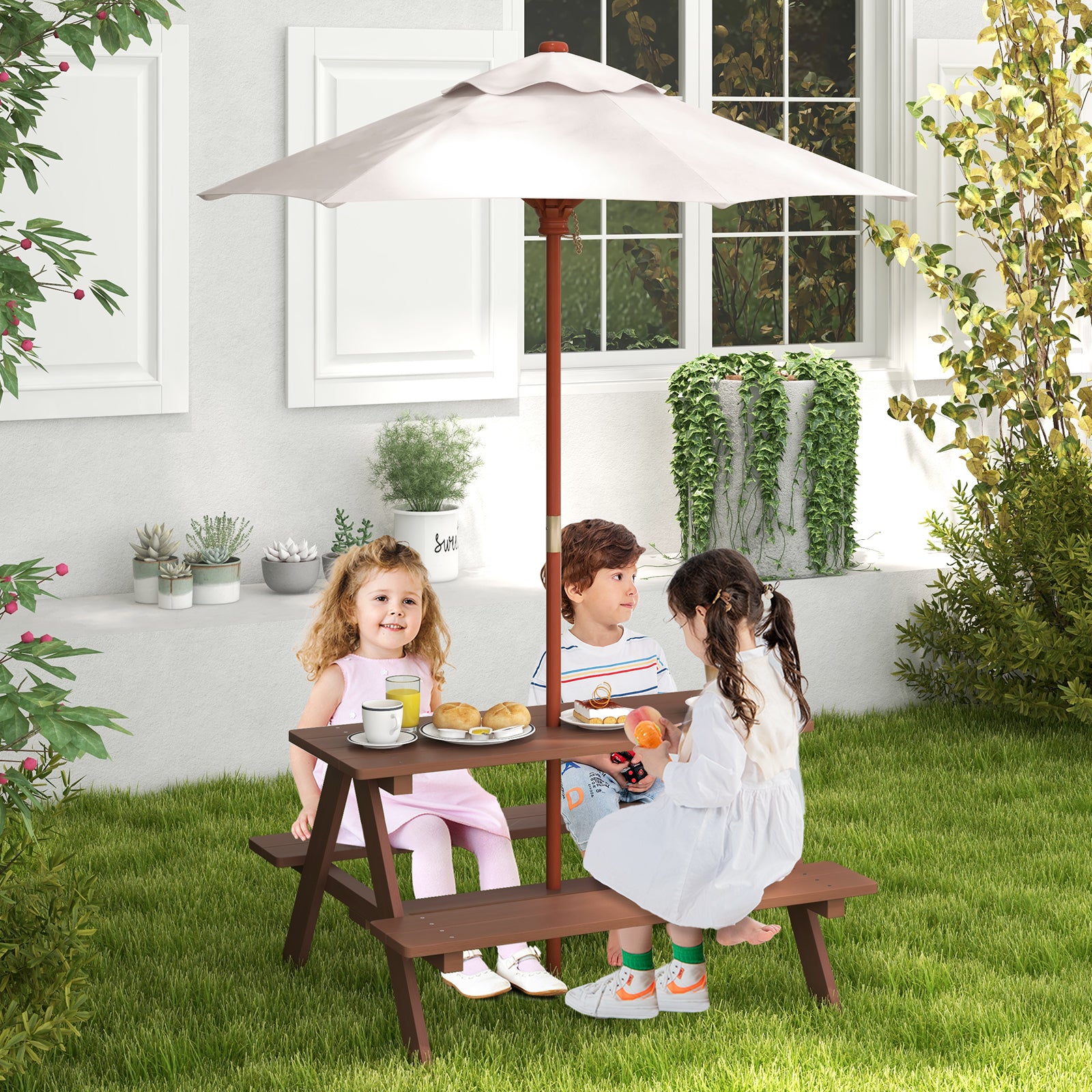 Outdoor 4-Seat Kid's Picnic Table Bench with UmbrellaÂ