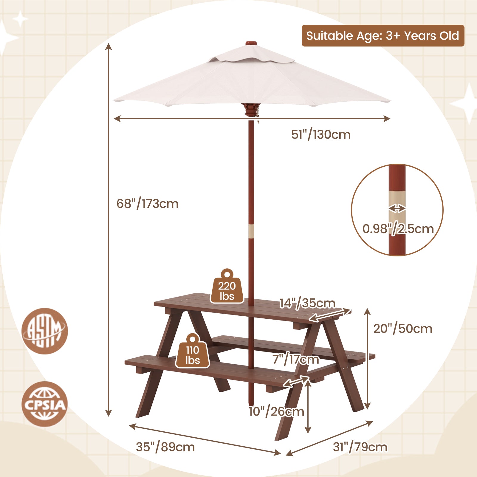 Outdoor 4-Seat Kid's Picnic Table Bench with UmbrellaÂ