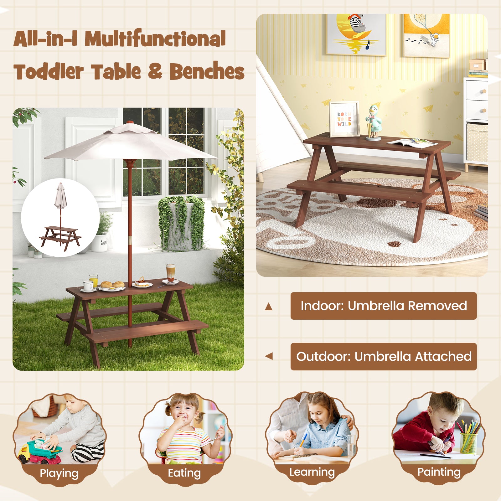 Outdoor 4-Seat Kid's Picnic Table Bench with UmbrellaÂ