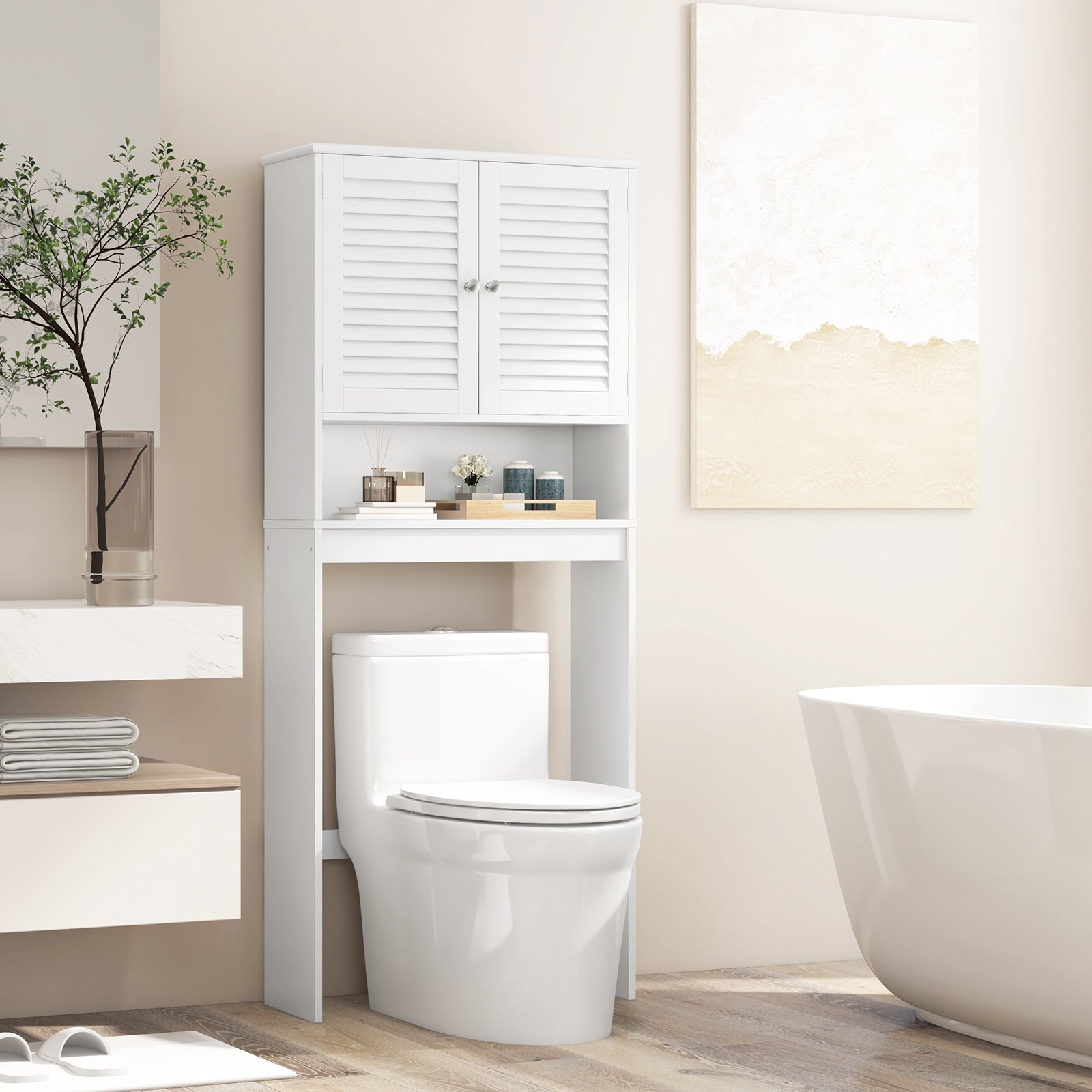 Over The Toilet Storage Cabinet with Double Doors and Adjustable ShelfÂ