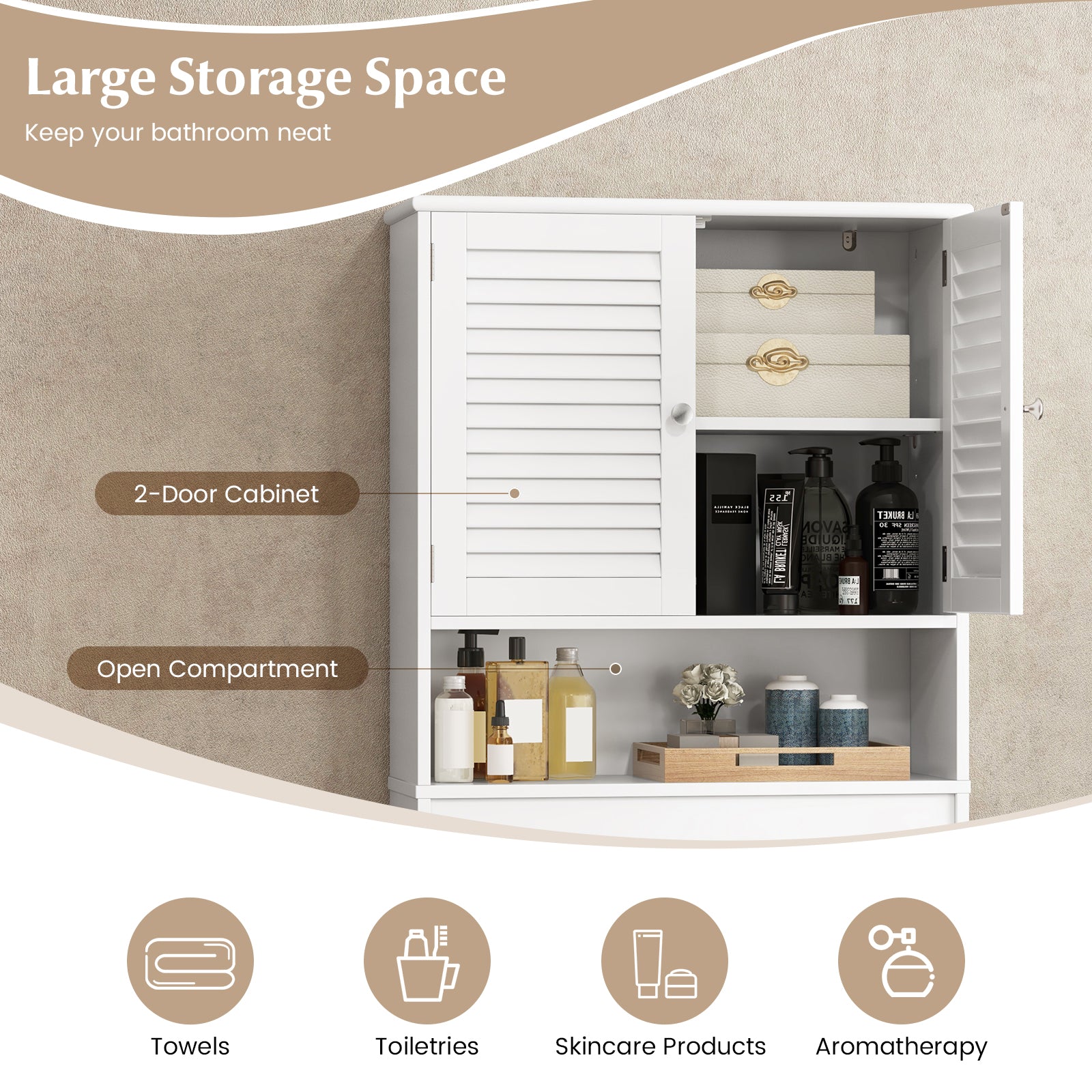 Over The Toilet Storage Cabinet with Double Doors and Adjustable ShelfÂ