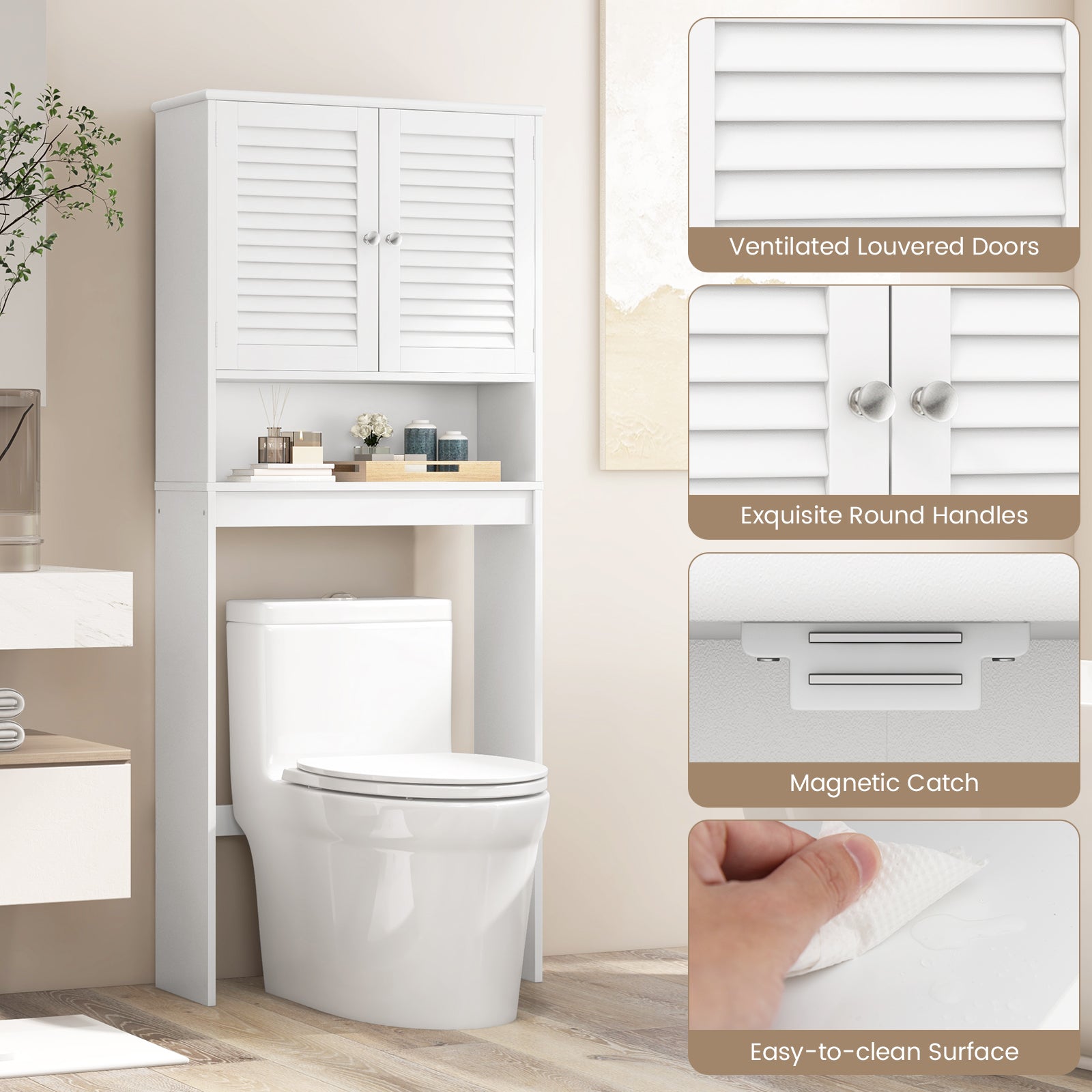 Over The Toilet Storage Cabinet with Double Doors and Adjustable ShelfÂ