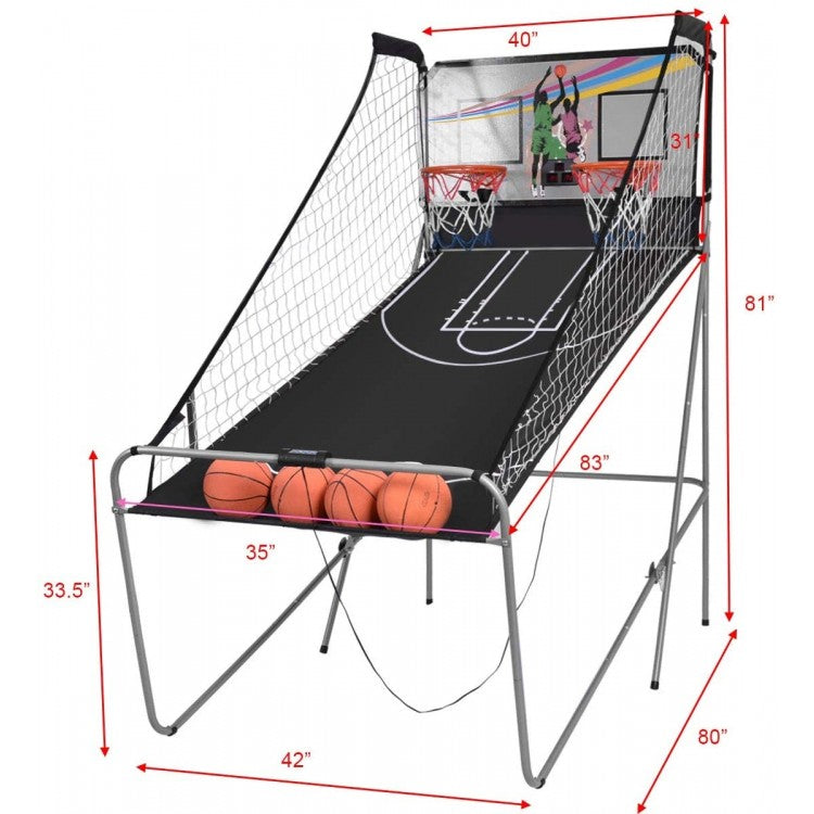 Indoor Double Electronic Basketball Arcade Game | Foldable Dual Hoop with Electronic Scoreboard, 4 Basketballs & 8 Games
