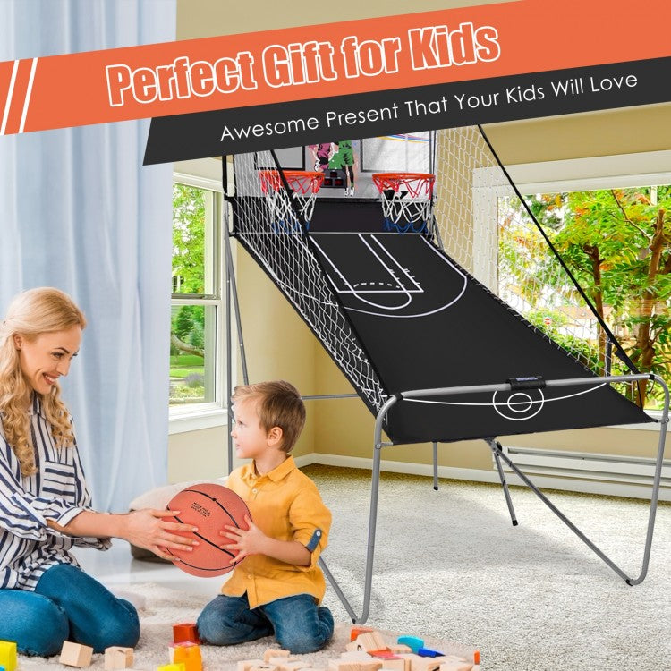 Indoor Double Electronic Basketball Arcade Game | Foldable Dual Hoop with Electronic Scoreboard, 4 Basketballs & 8 Games