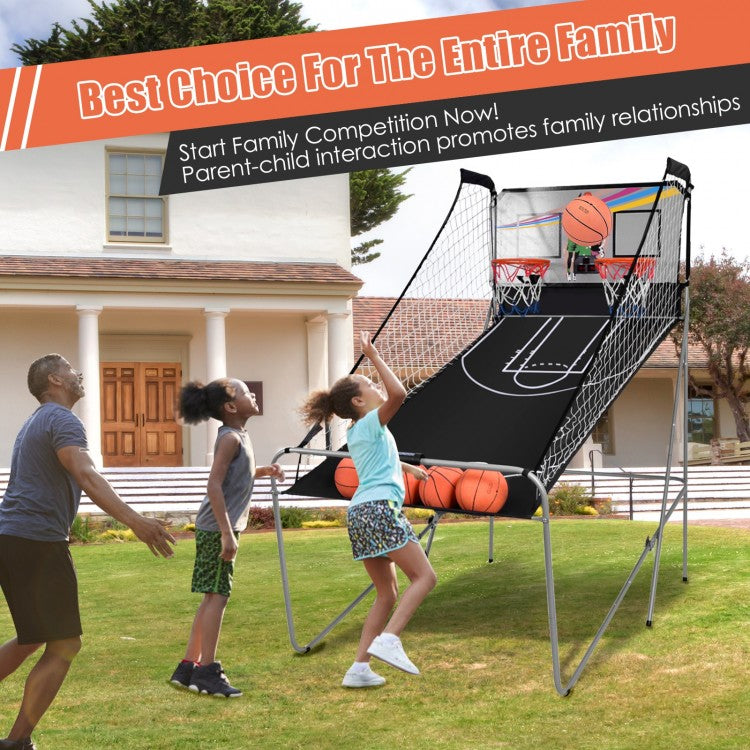 Indoor Double Electronic Basketball Arcade Game | Foldable Dual Hoop with Electronic Scoreboard, 4 Basketballs & 8 Games
