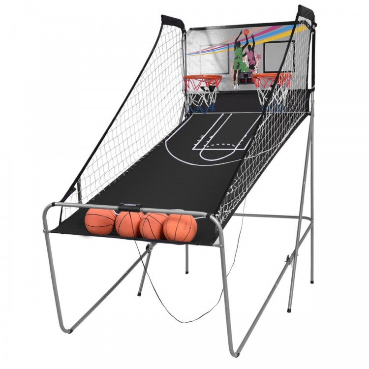 Indoor Double Electronic Basketball Arcade Game | Foldable Dual Hoop with Electronic Scoreboard, 4 Basketballs & 8 Games
