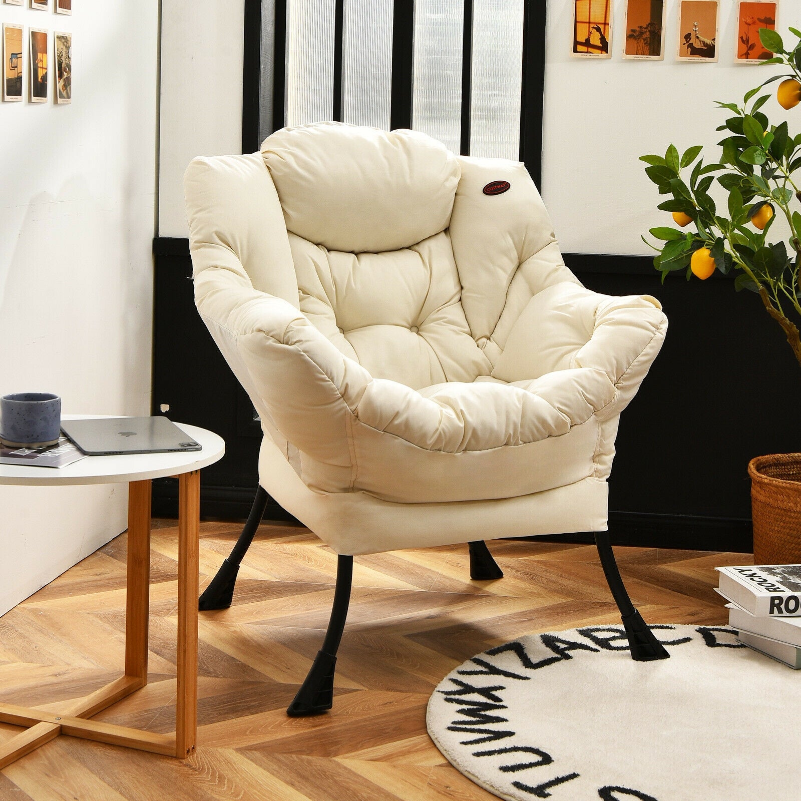 Modern Polyester Fabric Lazy Chair with Steel Frame and Side Pocket-BeigeÂ
