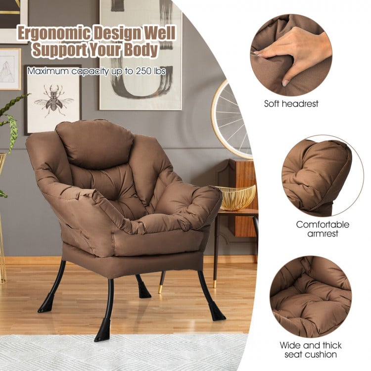 Modern Polyester Fabric Lazy Chair with Steel Frame and Side Pocket-Brown