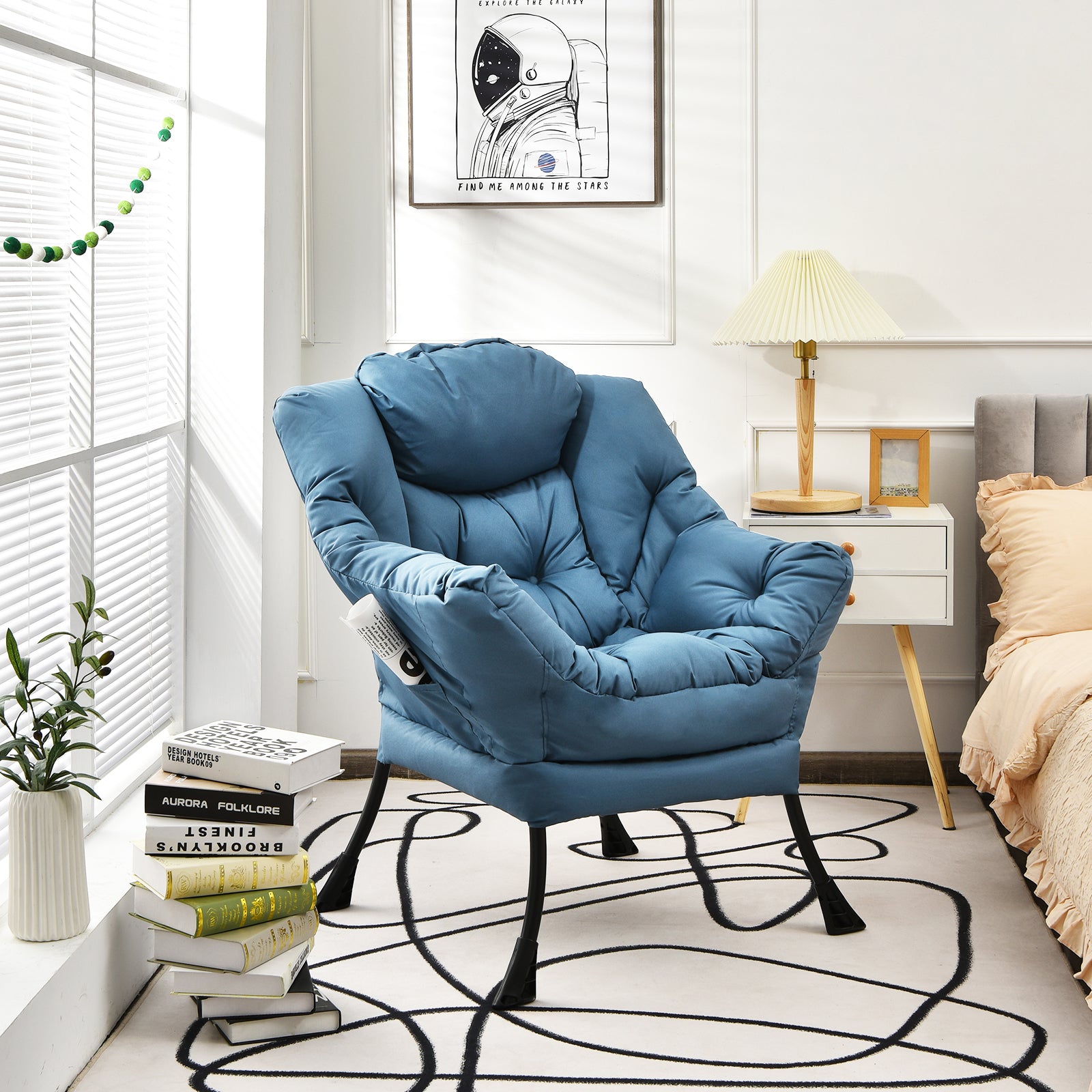 Modern Polyester Fabric Lazy Chair with Steel Frame and Side Pocket-NavyÂ