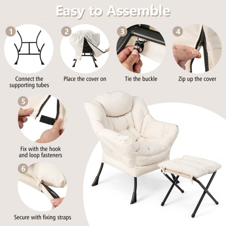 Modern Accent Sofa Chair with Folding Footrest and Side Pocket-Beige