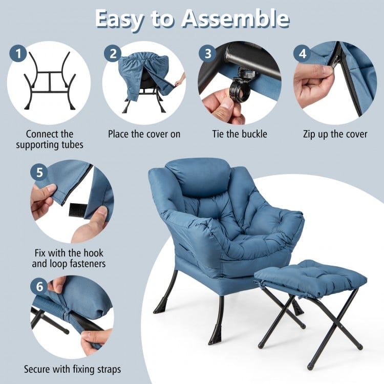 Modern Accent Sofa Chair with Folding Footrest and Side Pocket-Navy
