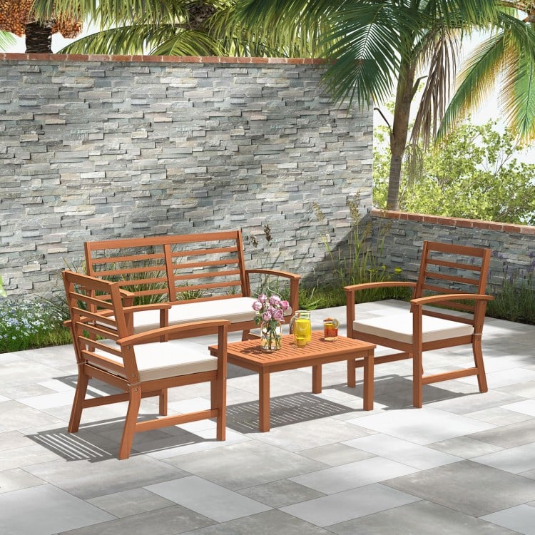 4 Pieces Outdoor Furniture Set with Stable Acacia Wood Frame-Beige