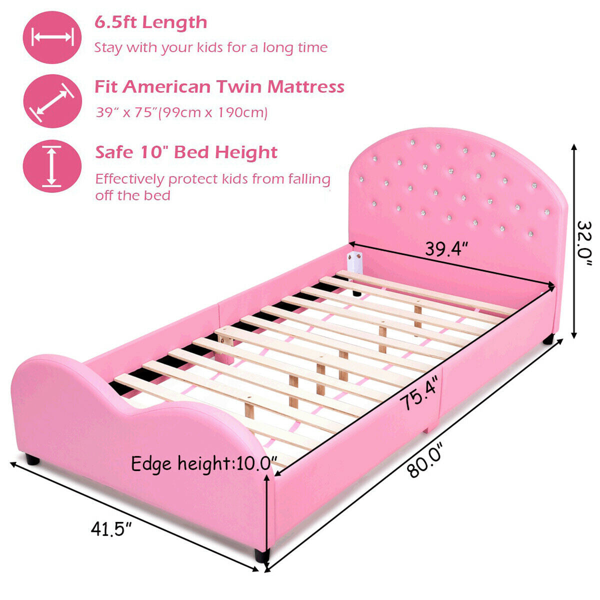 Twin Size Upholstered Platform Toddler Bed with Wood Slat SupportÂ
