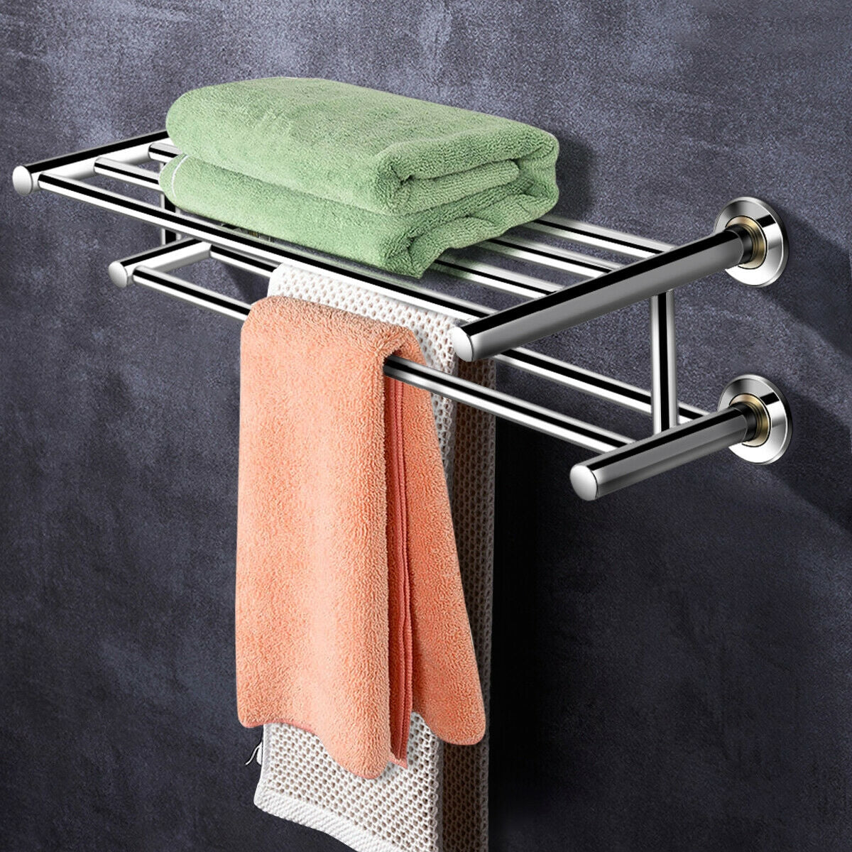 24 Inch Wall Mounted Stainless Steel Towel Storage Rack with 2 Storage TierÂ