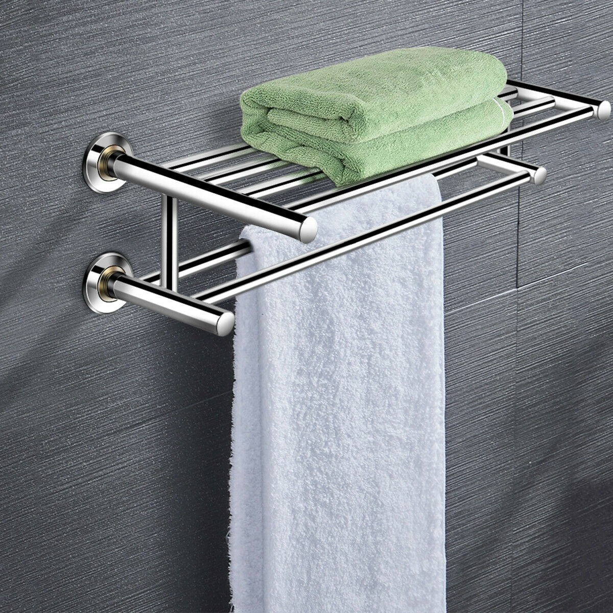 24 Inch Wall Mounted Stainless Steel Towel Storage Rack with 2 Storage TierÂ